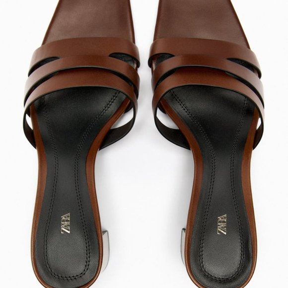 ZARA BLOCK HEEL LEATHER MULES BROWN SIZE 10  | 1310/110 26.6 Cm - Picture 3 of 4
